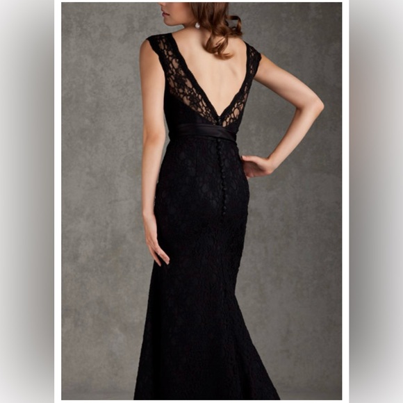 Morilee by Madeline Gardner Black Satin Tie Sash Cap Sleeve Deep V-Back Gown - Picture 3 of 13